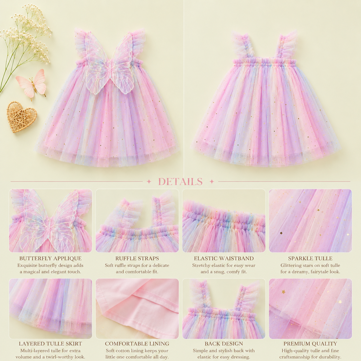 Pastel Rainbow Tulle Baby Party Dress with Butterfly Bow | Premium Baby Girl Occasion Wear