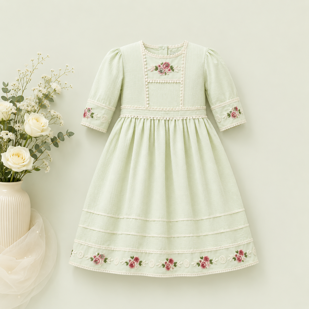 Pastel Green and Beige Frock with Floral Embroidery