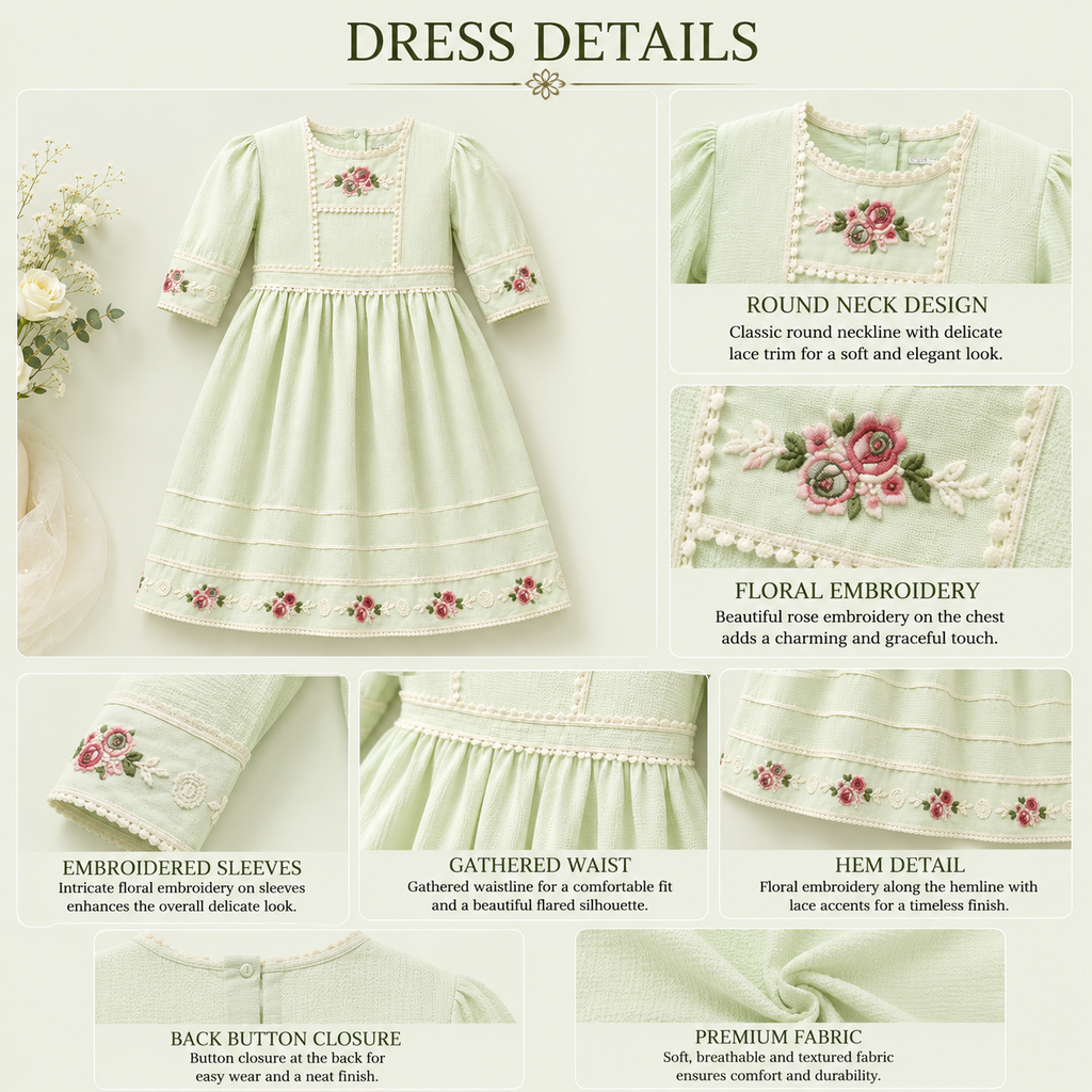 Pastel Green and Beige Frock with Floral Embroidery