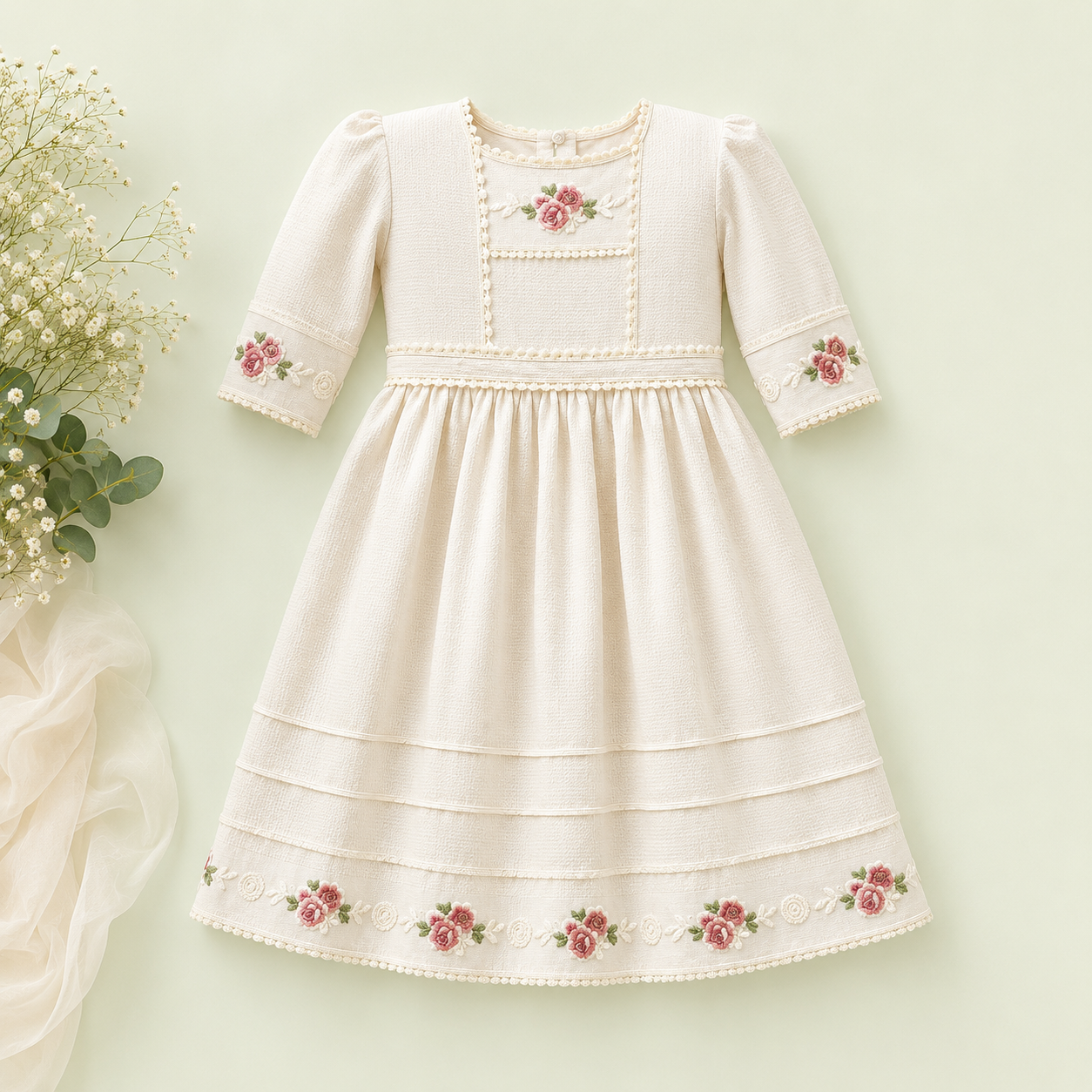 Pastel Green and Beige Frock with Floral Embroidery