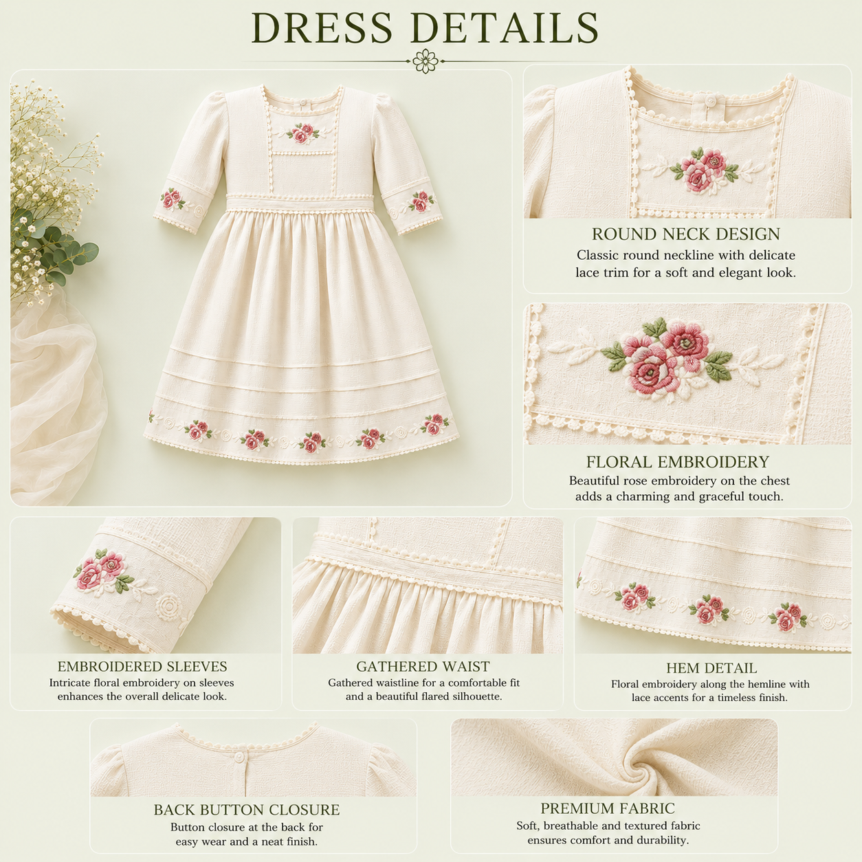 Pastel Green and Beige Frock with Floral Embroidery