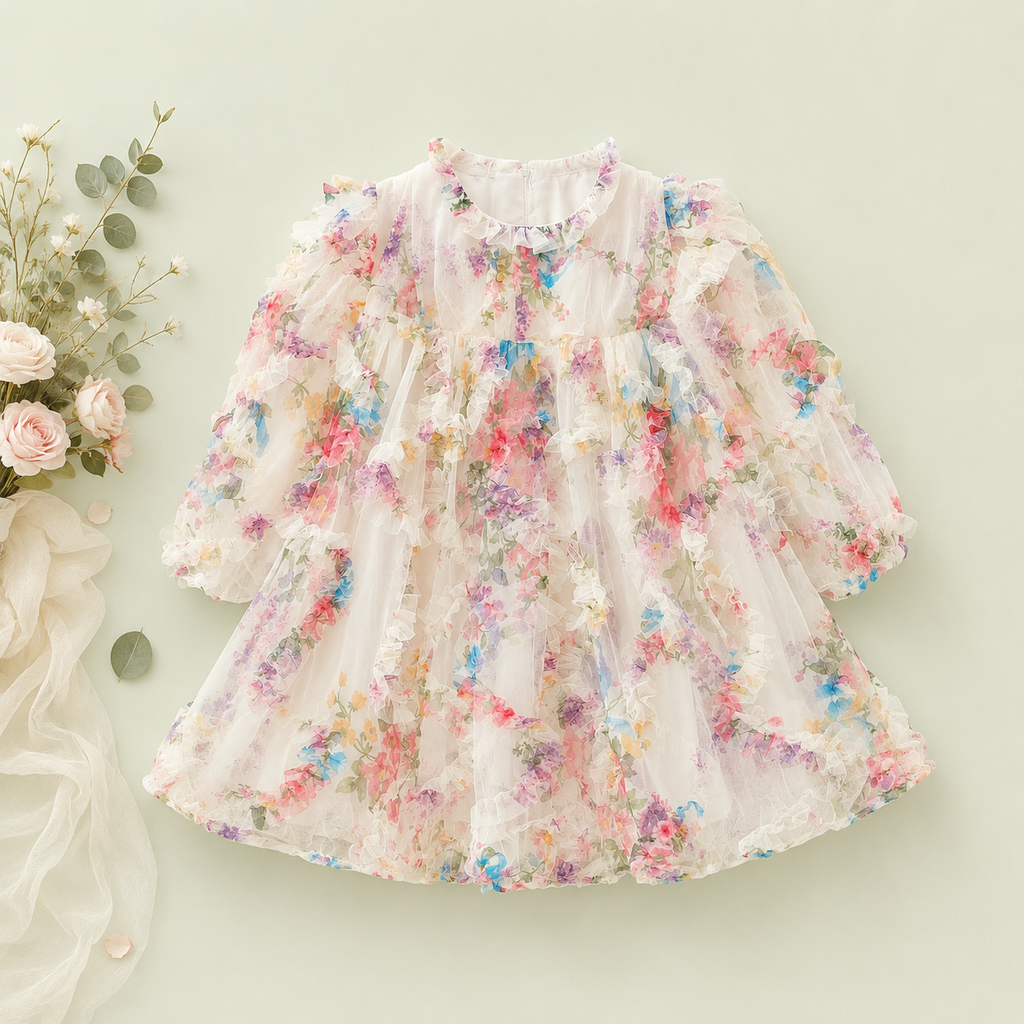 Floral Chiffon Baby Party Dress with Ruffle Sleeves | Premium Baby Girl Occasion Wear
