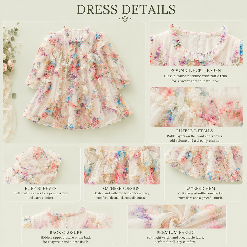 Floral Chiffon Baby Party Dress with Ruffle Sleeves | Premium Baby Girl Occasion Wear