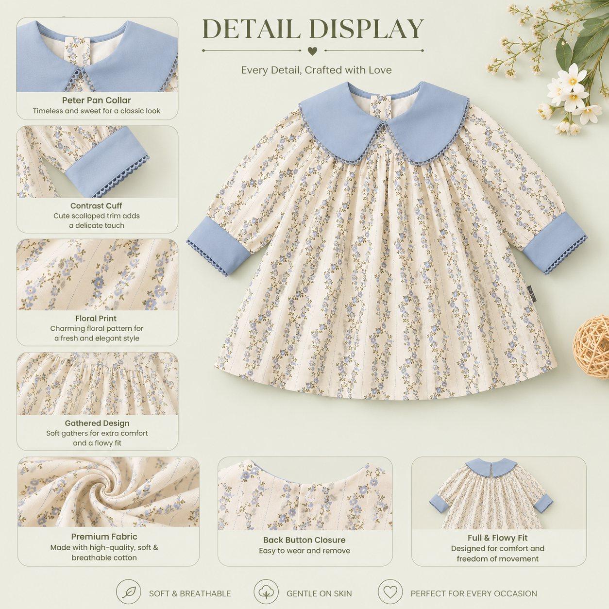 Floral Cotton Long Sleeve Dress for Girls