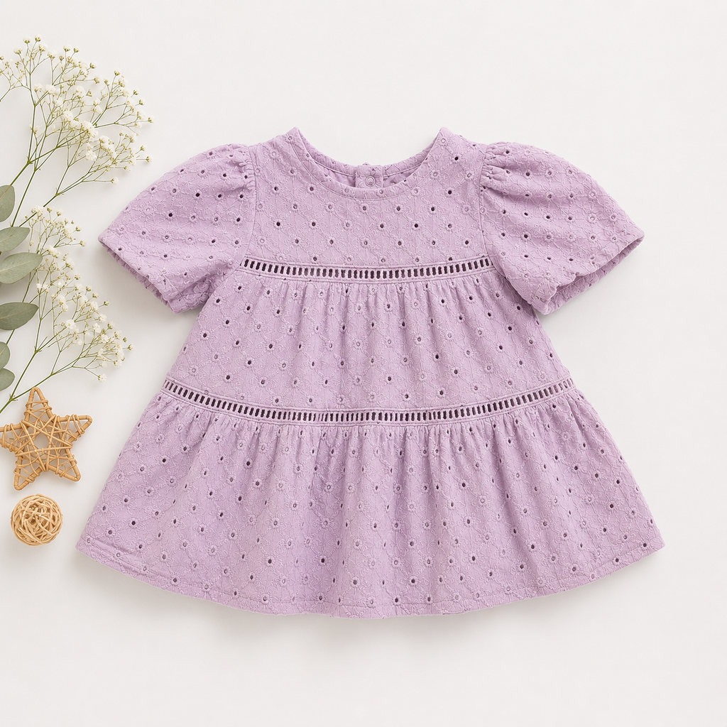 Girls Eyelet Cotton Tiered Dress – Soft Classic Pink & Lavender | Premium Party Wear