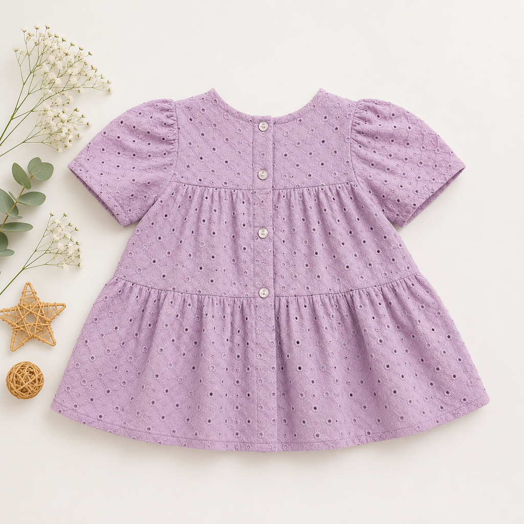 Girls Eyelet Cotton Tiered Dress – Soft Classic Pink & Lavender | Premium Party Wear