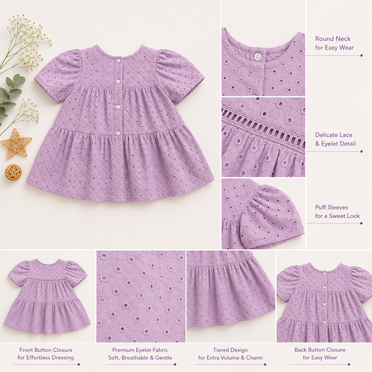 Girls Eyelet Cotton Tiered Dress – Soft Classic Pink & Lavender | Premium Party Wear