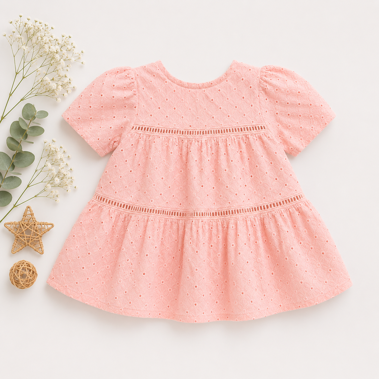 Girls Eyelet Cotton Tiered Dress – Soft Classic Pink & Lavender | Premium Party Wear