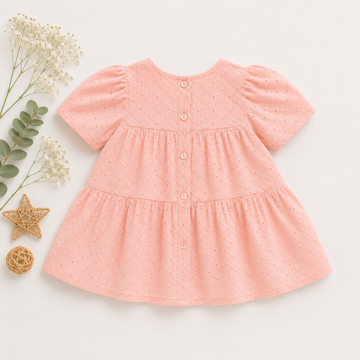 Girls Eyelet Cotton Tiered Dress – Soft Classic Pink & Lavender | Premium Party Wear