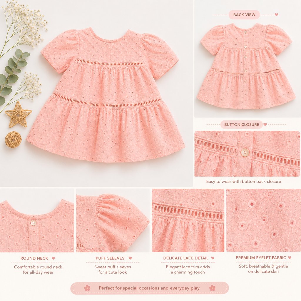 Girls Eyelet Cotton Tiered Dress – Soft Classic Pink & Lavender | Premium Party Wear
