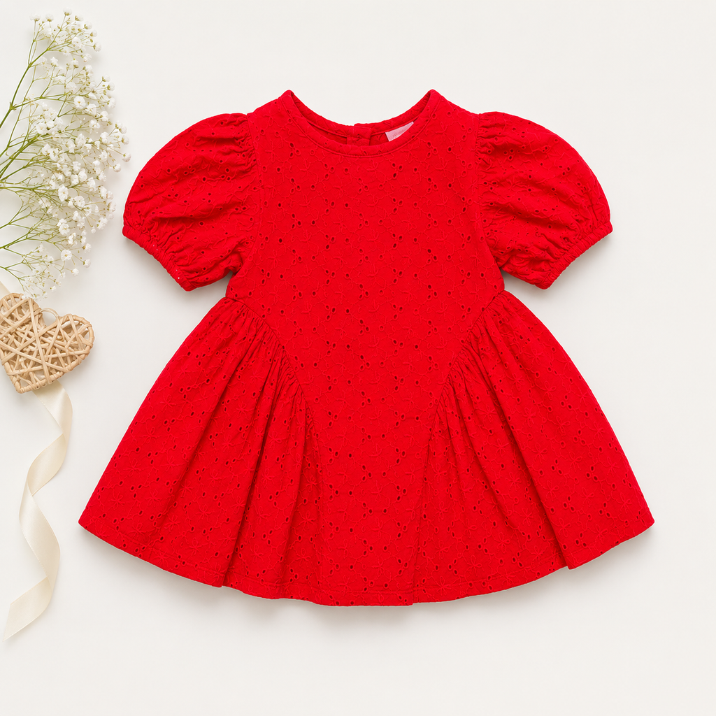 Girls Eyelet Cotton Puff Sleeve Dress – Red & Navy Blue | Premium Party Wear