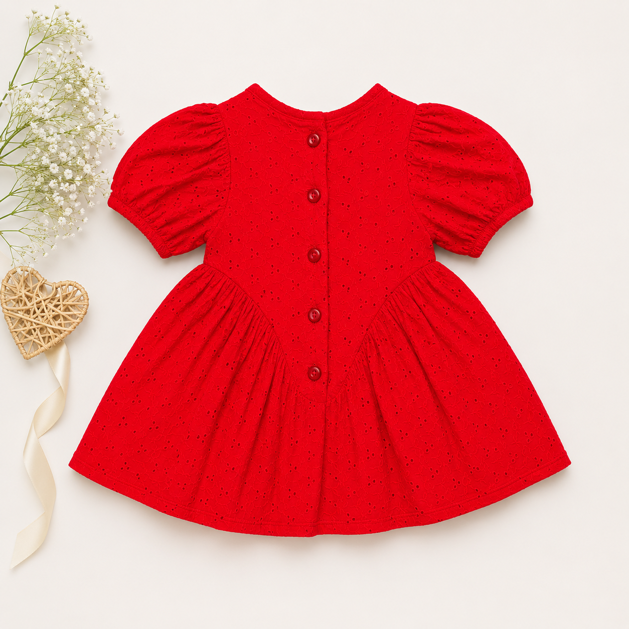 Girls Eyelet Cotton Puff Sleeve Dress – Red & Navy Blue | Premium Party Wear
