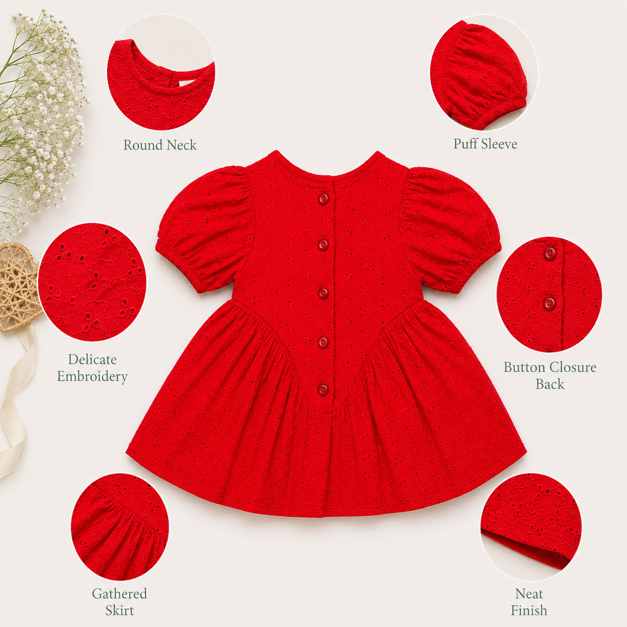 Girls Eyelet Cotton Puff Sleeve Dress – Red & Navy Blue | Premium Party Wear