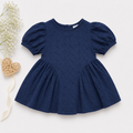 Girls Eyelet Cotton Puff Sleeve Dress – Red & Navy Blue | Premium Party Wear