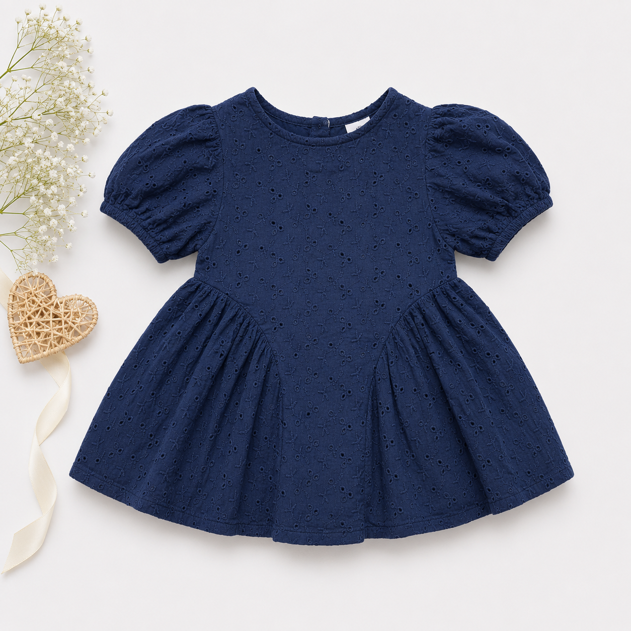 Girls Eyelet Cotton Puff Sleeve Dress – Red & Navy Blue | Premium Party Wear