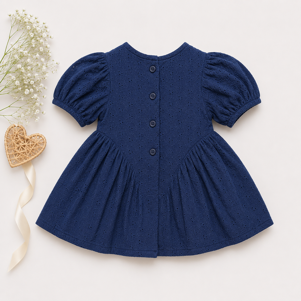 Girls Eyelet Cotton Puff Sleeve Dress – Red & Navy Blue | Premium Party Wear