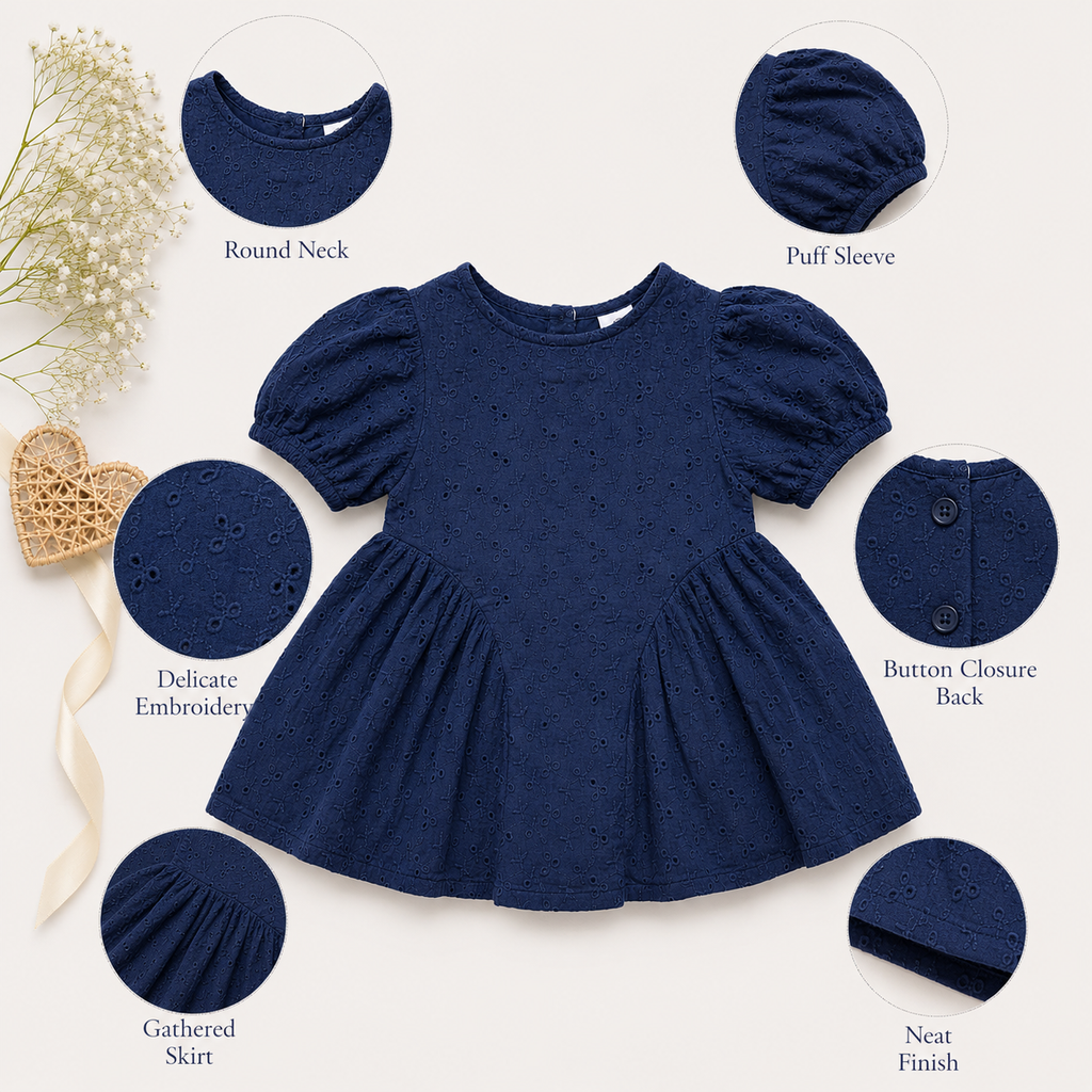Girls Eyelet Cotton Puff Sleeve Dress – Red & Navy Blue | Premium Party Wear