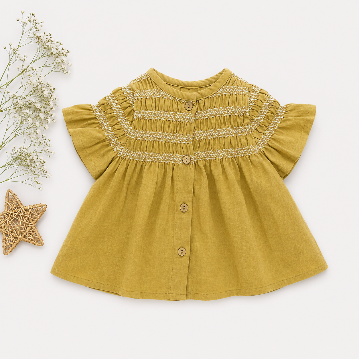 Girls Smocked Cotton Dress – Mustard & Cocoa Brown | Premium Wear