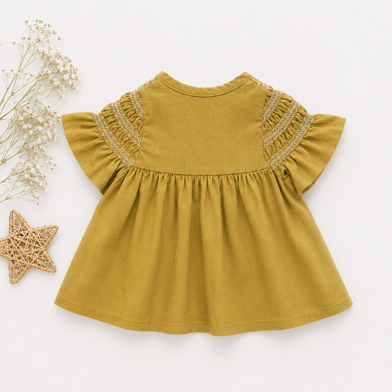 Girls Smocked Cotton Dress – Mustard & Cocoa Brown | Premium Wear