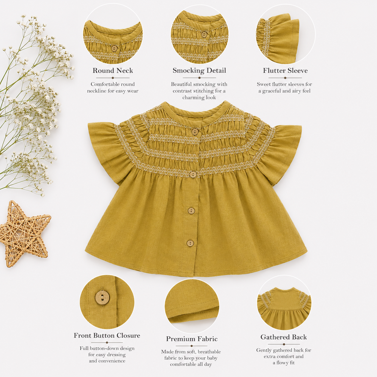 Girls Smocked Cotton Dress – Mustard & Cocoa Brown | Premium Wear