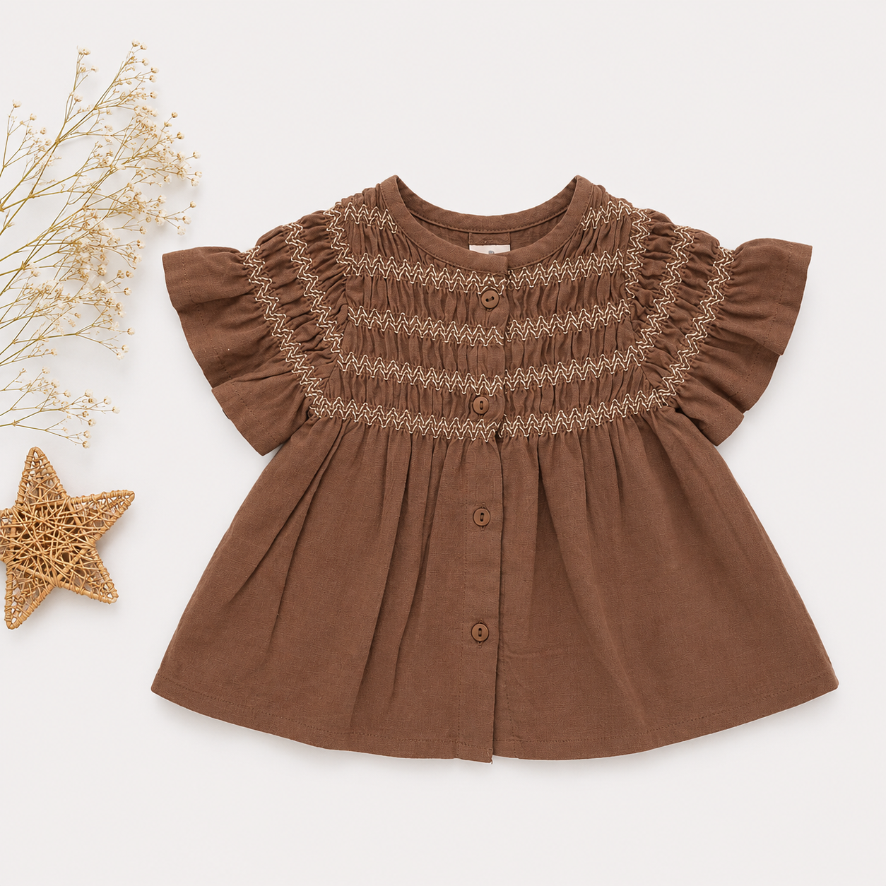 Girls Smocked Cotton Dress – Mustard & Cocoa Brown | Premium Wear
