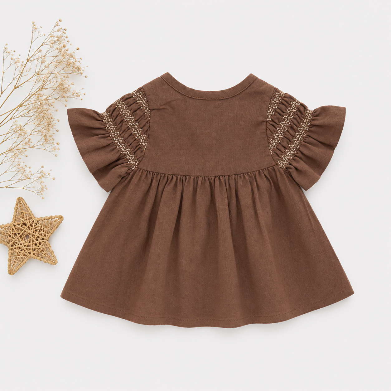 Girls Smocked Cotton Dress – Mustard & Cocoa Brown | Premium Wear