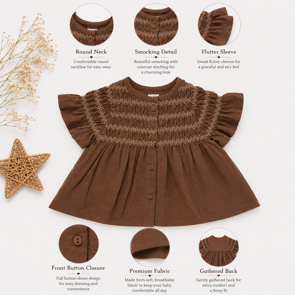 Girls Smocked Cotton Dress – Mustard & Cocoa Brown | Premium Wear