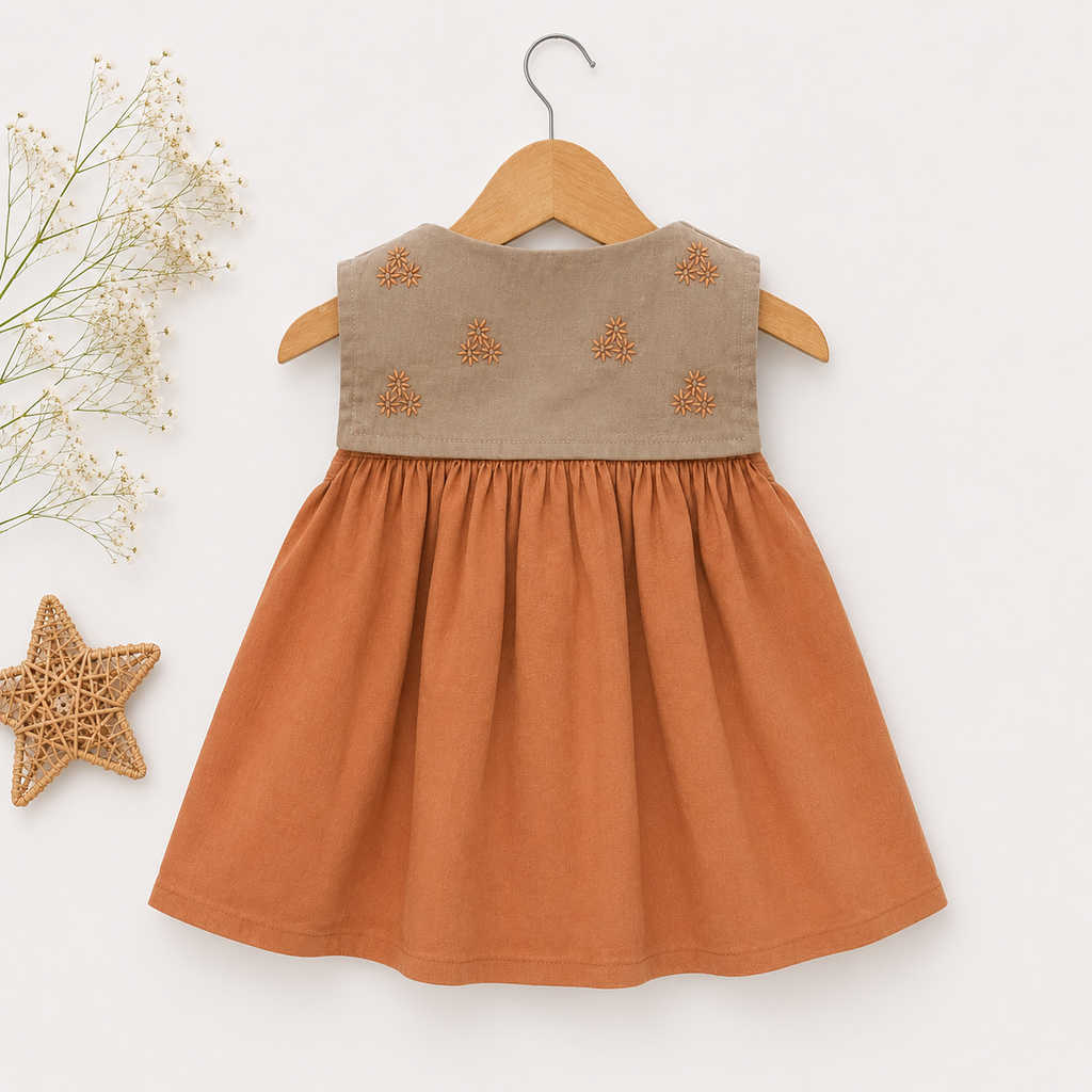 Girls Embroidered Collar Cotton Dress – Terracotta & Olive | Premium Casual Wear
