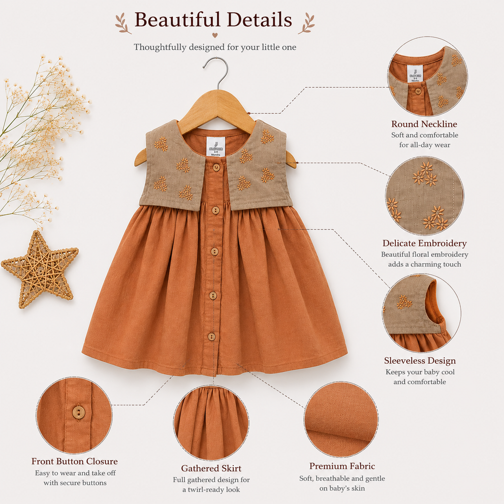 Girls Embroidered Collar Cotton Dress – Terracotta & Olive | Premium Casual Wear