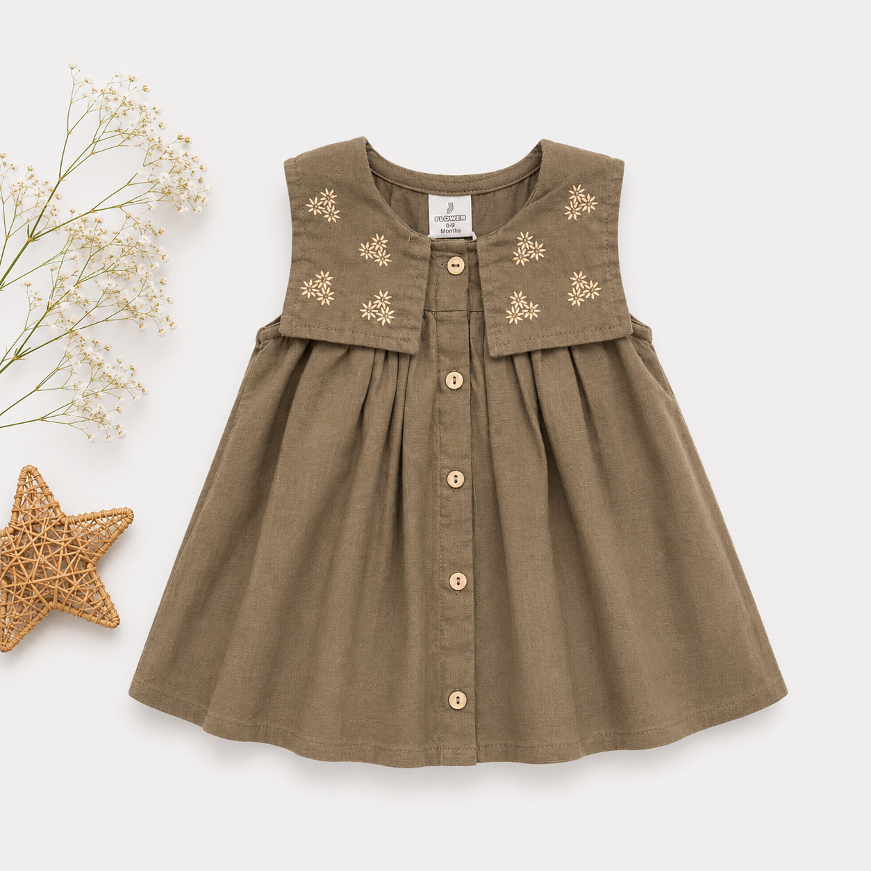 Girls Embroidered Collar Cotton Dress – Terracotta & Olive | Premium Casual Wear
