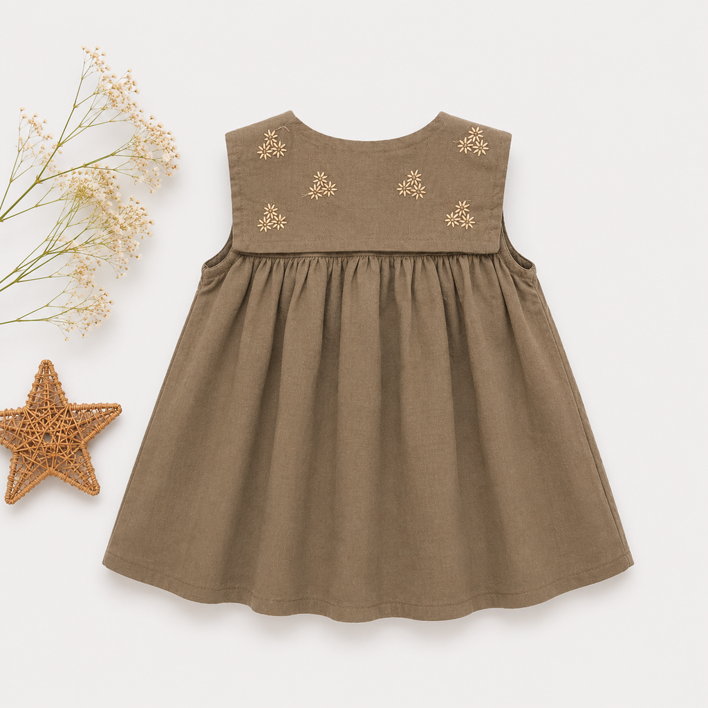 Girls Embroidered Collar Cotton Dress – Terracotta & Olive | Premium Casual Wear