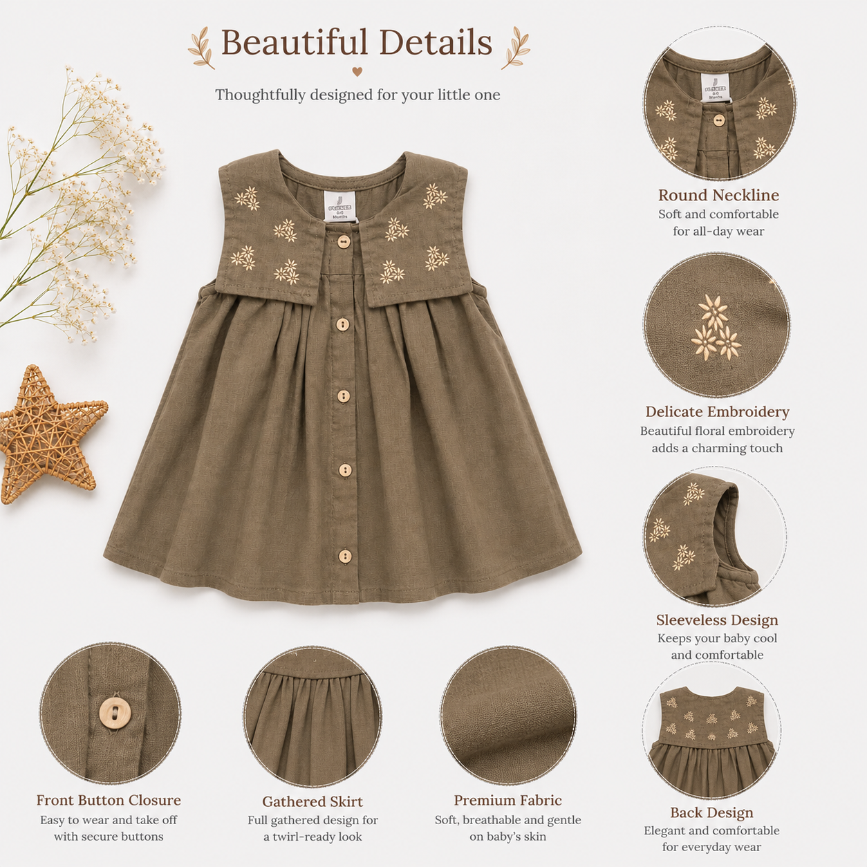 Girls Embroidered Collar Cotton Dress – Terracotta & Olive | Premium Casual Wear