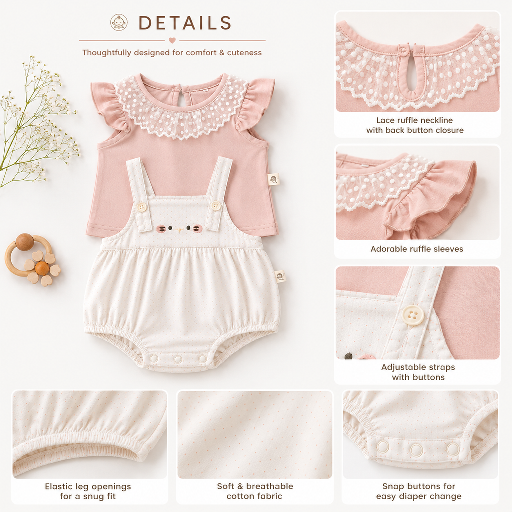 Peach Floral Overall Romper with Ruffle Collar