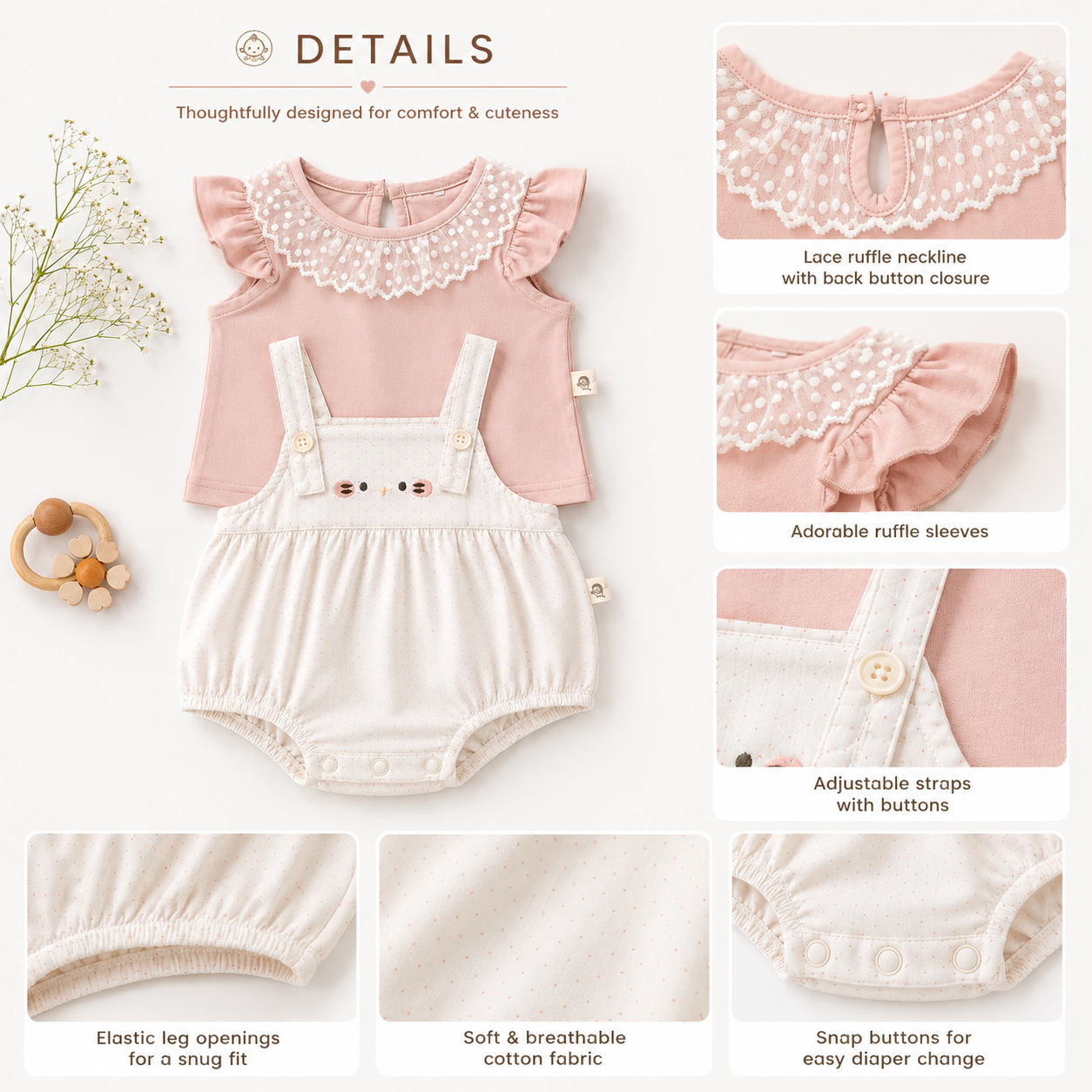 Peach Floral Overall Romper with Ruffle Collar
