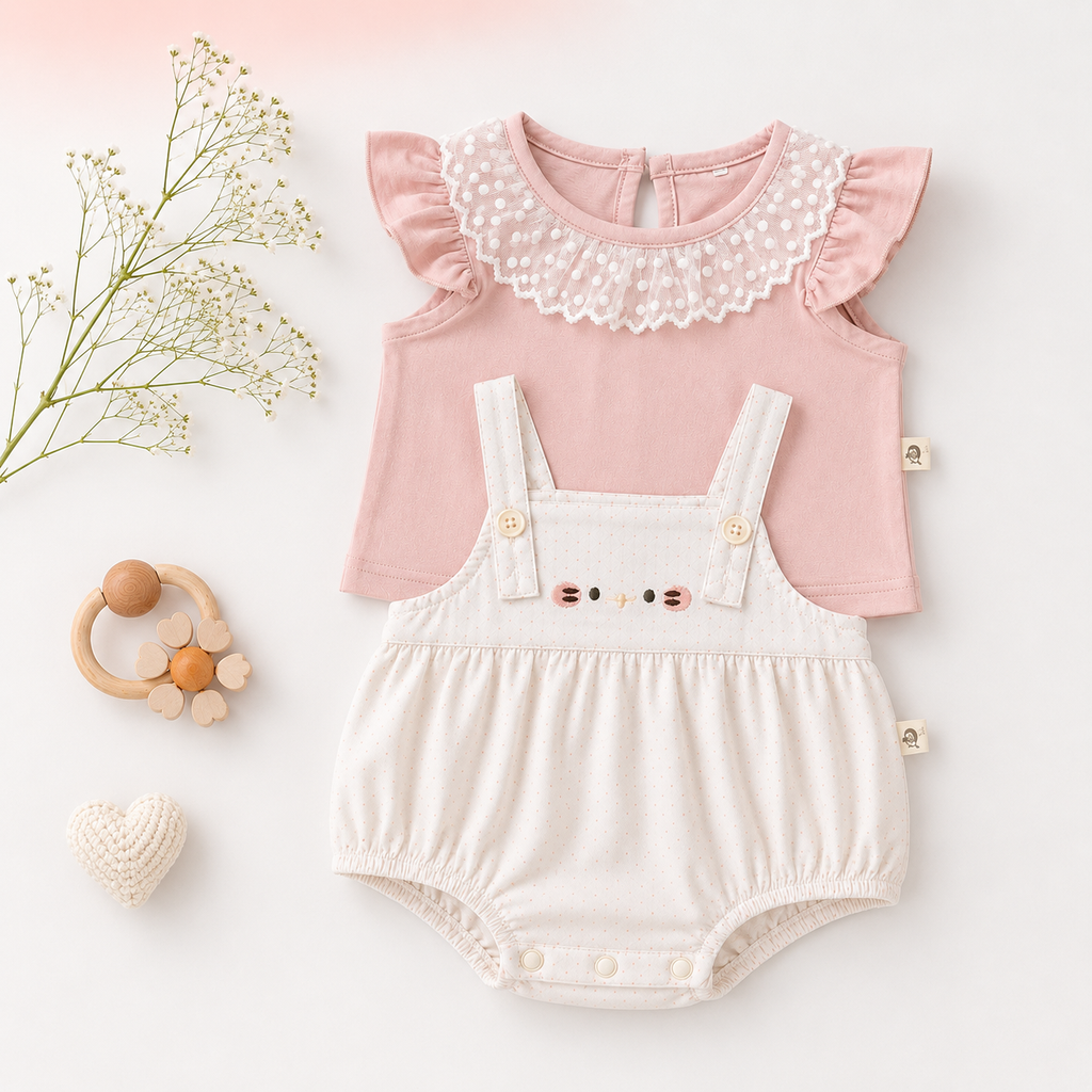 Peach Floral Overall Romper with Ruffle Collar