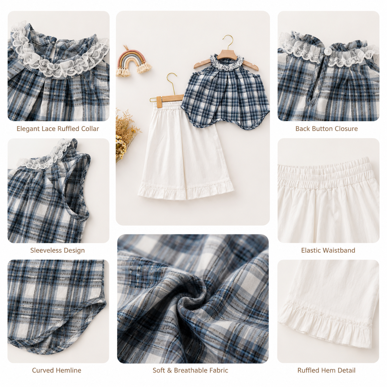 Plaid Ruffle Collar Top Set, Pink & Blue