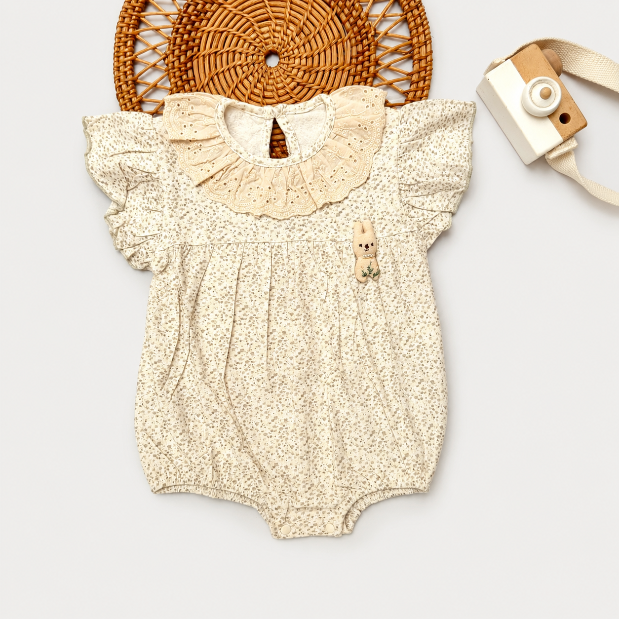 Cream Floral Print Romper with Ruffle Collar