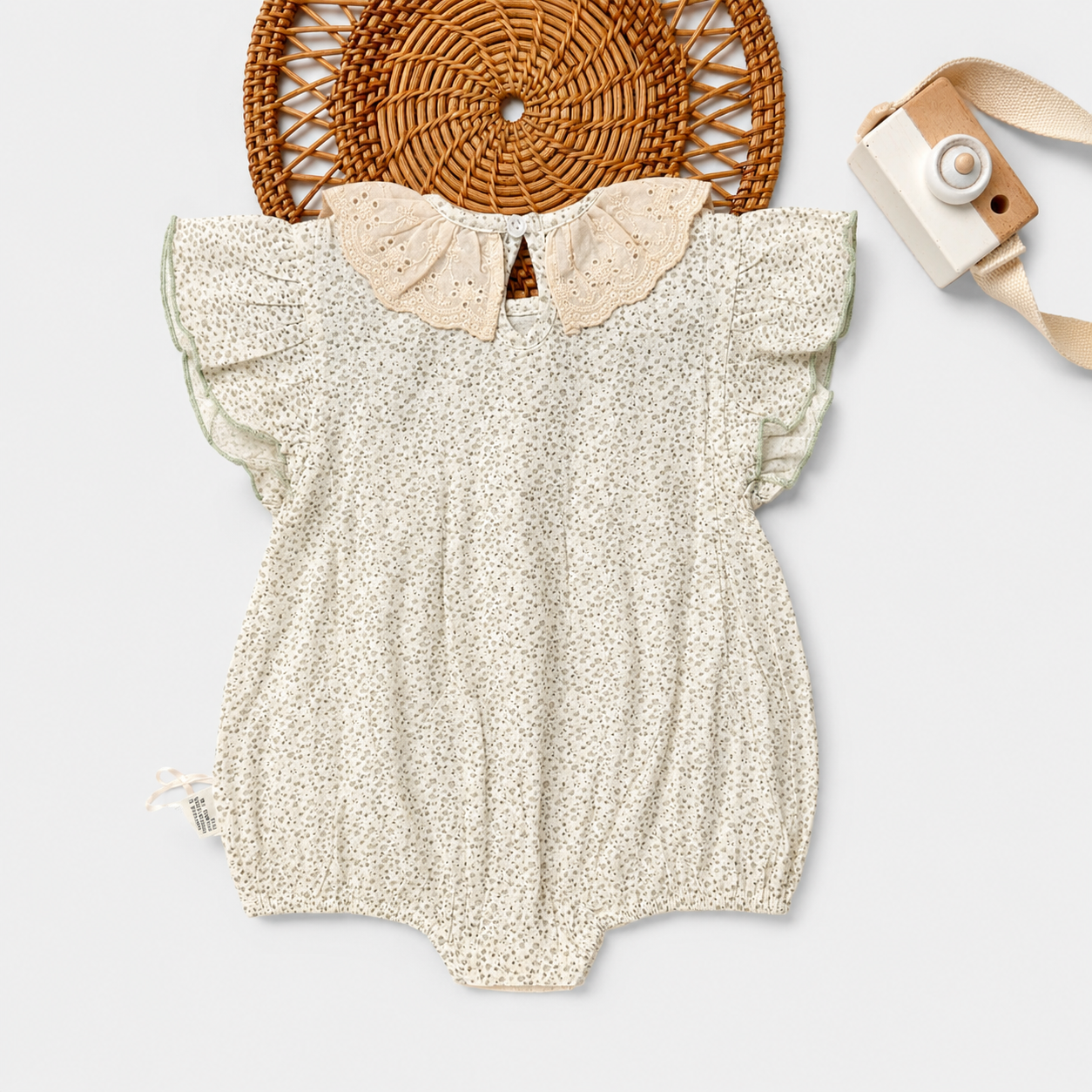 Cream Floral Print Romper with Ruffle Collar