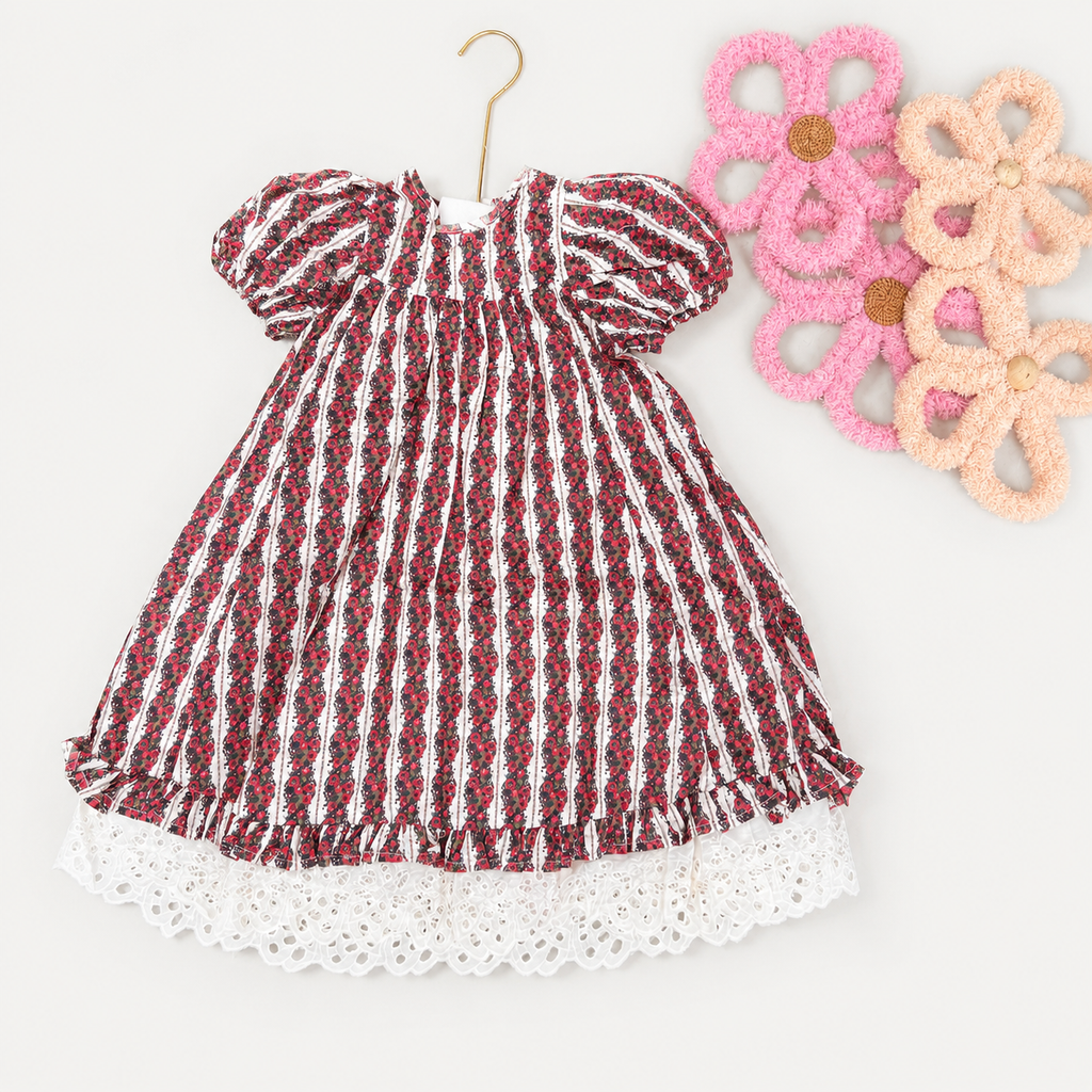 Vintage Floral Striped Puff-Sleeve Dress with Eyelet Lace Trim
