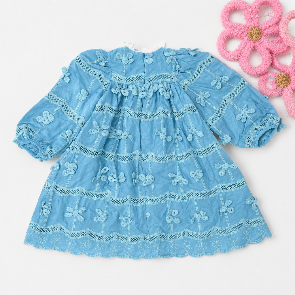 Vintage Lace-Trimmed Smocked Dress with 3D Floral Bow Appliqués (Fuchsia)