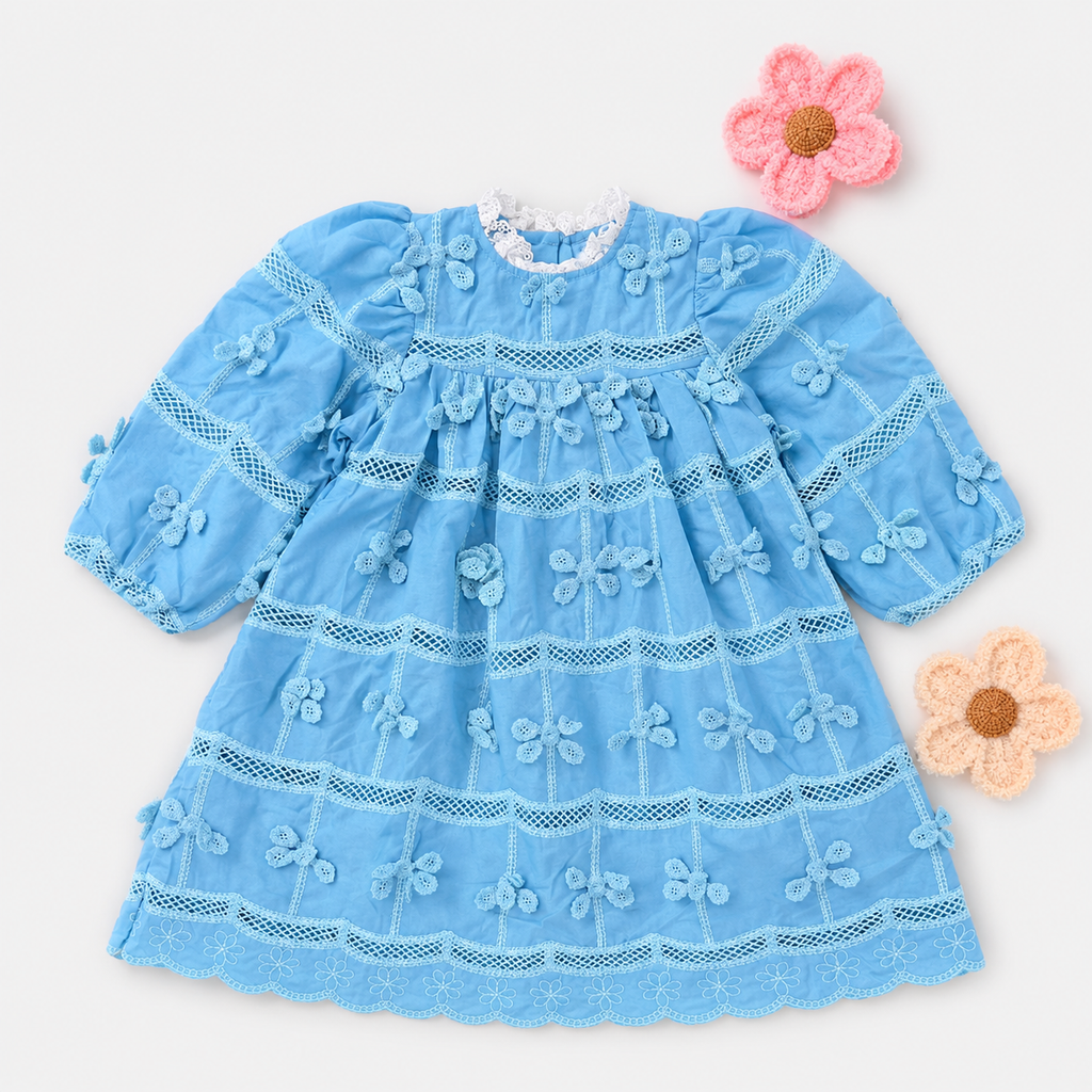 Vintage Lace-Trimmed Smocked Dress with 3D Floral Bow Appliqués (Fuchsia)