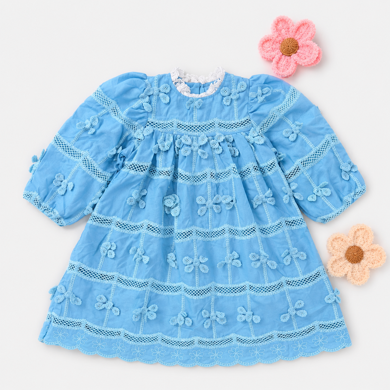 Vintage Lace-Trimmed Smocked Dress with 3D Floral Bow Appliqués (Fuchsia)