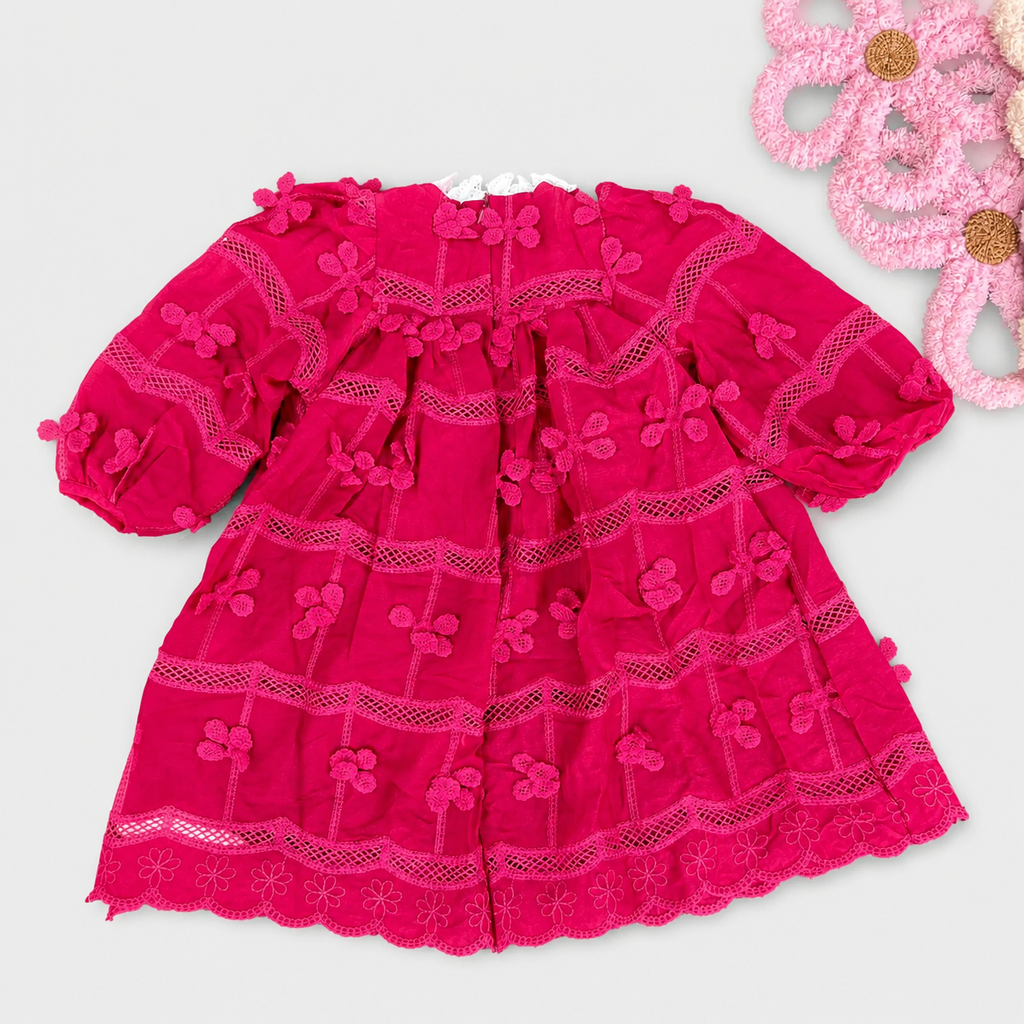 Vintage Lace-Trimmed Smocked Dress with 3D Floral Bow Appliqués (Fuchsia)