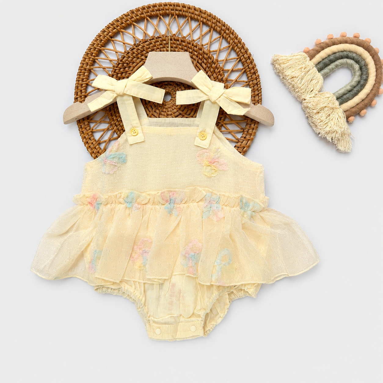 Bow Strap Lace Romper, Pink & Cream