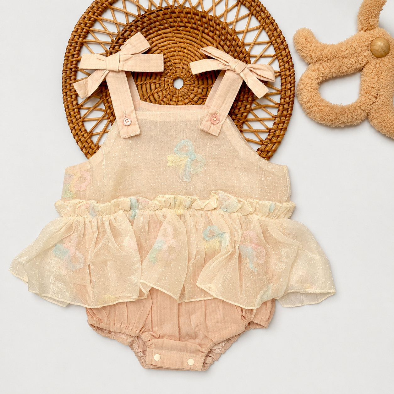 Bow Strap Lace Romper, Pink & Cream