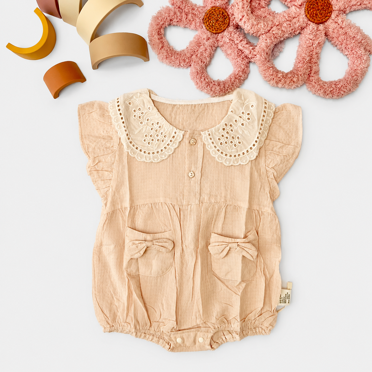 Eyelet Collar Pocket Romper, Cream & Dusty Pink
