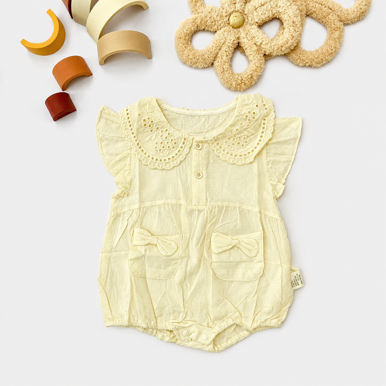 Eyelet Collar Pocket Romper, Cream & Dusty Pink