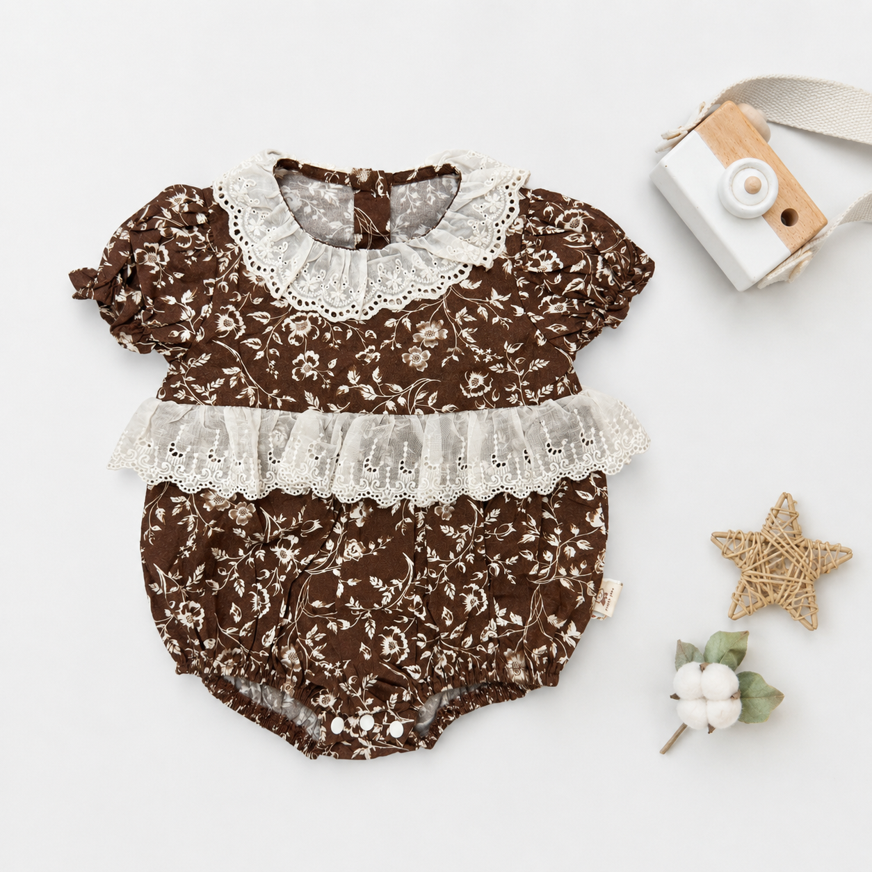 Brown Floral Print Romper with Eyelet Lace Collar