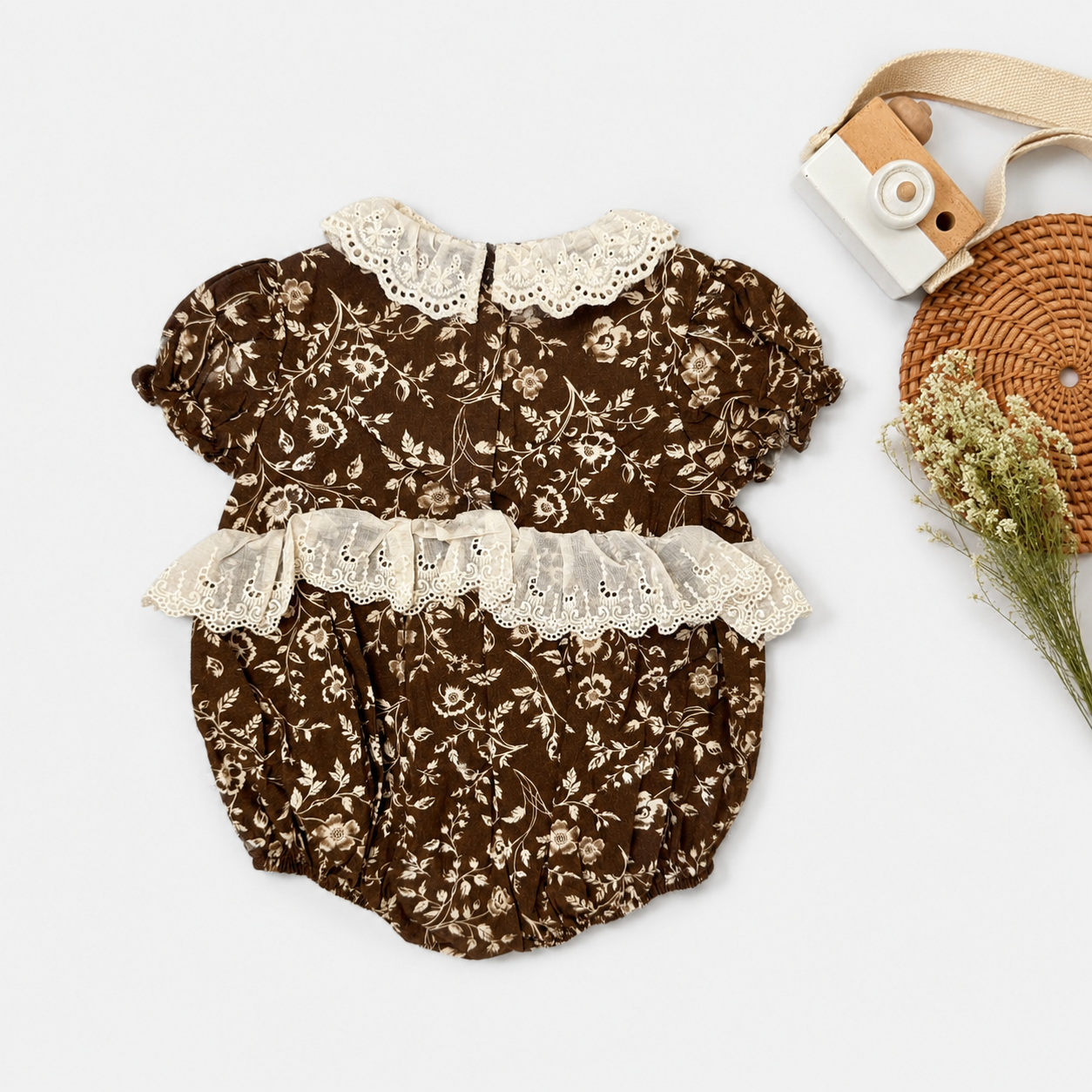 Brown Floral Print Romper with Eyelet Lace Collar