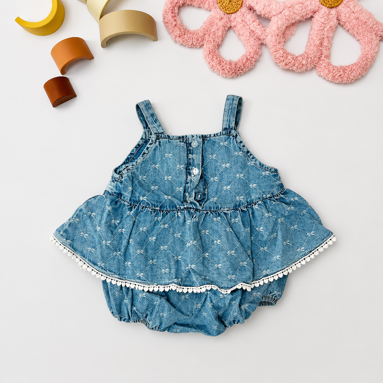 Denim Dungaree Romper with Bear Applique